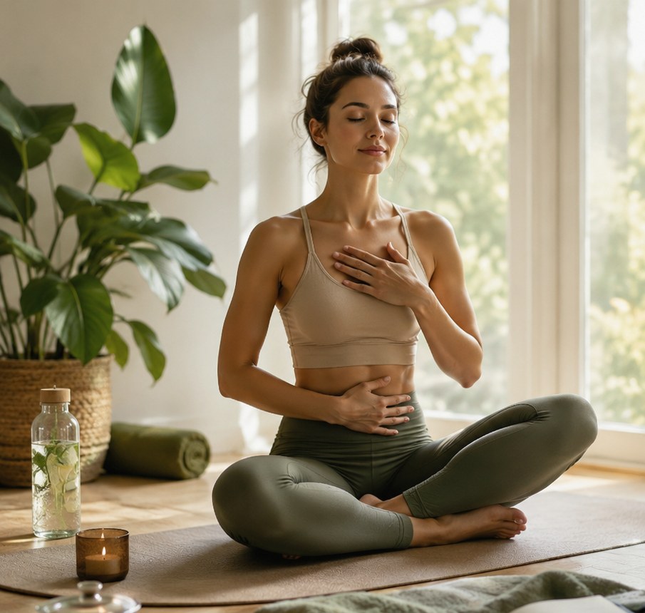 A calm daily routine with nature, journaling, breathing, and stress recovery.